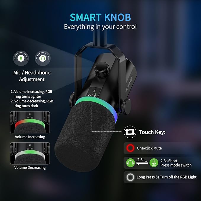 FEELWORLD PM1 XLR USB Dynamic Microphone Gifts for Podcast Recording PC Computer Gaming Live Streaming Vocal Voice-Over, Studio Metal Mic with Voice-Isolating, RGB Light, Mute Button, Headphones Jack
