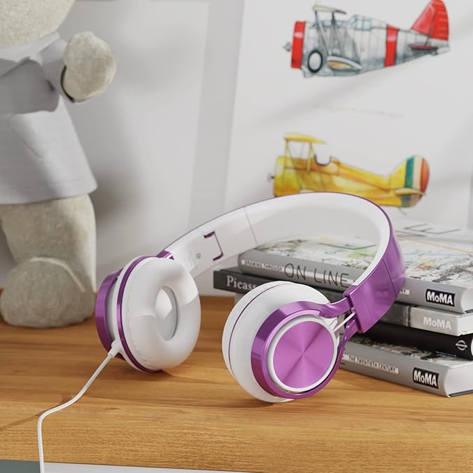 AILIHEN MS300 Purple Girl Headphones Wired with Microphone for Chromebook Laptop Computer, 3.5mm Foldable Lightweight on-Ear Headphones for School Teen Students