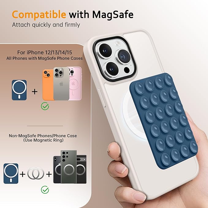 GONEZ Magnetic Suction Cup Phone Mount for MagSafe Case, Removable Silicone Sticky Grip for iPhone 12/13/14/15/16, Hands-Free Selfies and Videos for TikTok & Instagram Influencer/Creator, Ocean Blue