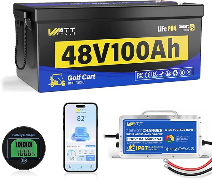 48V Lithium Battery Golf Cart Built-in BMS 200A Bluetooth, 48 Volt 100Ah Lithium Battery for Golf Cart with 15A Charger, Vibration-Resistant Structure, 10 Years Lifespan Deep Cycle 15000+