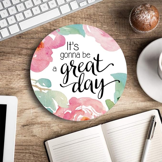 Mouse Pad, Inspirational Quote Floral Mouse Pad, Quote Great Day Mouse Pad, Washable Round Mousepads with Lycra Cloth, Non-Slip Rubber Base Computer Mouse Pads for Wireless Mouse