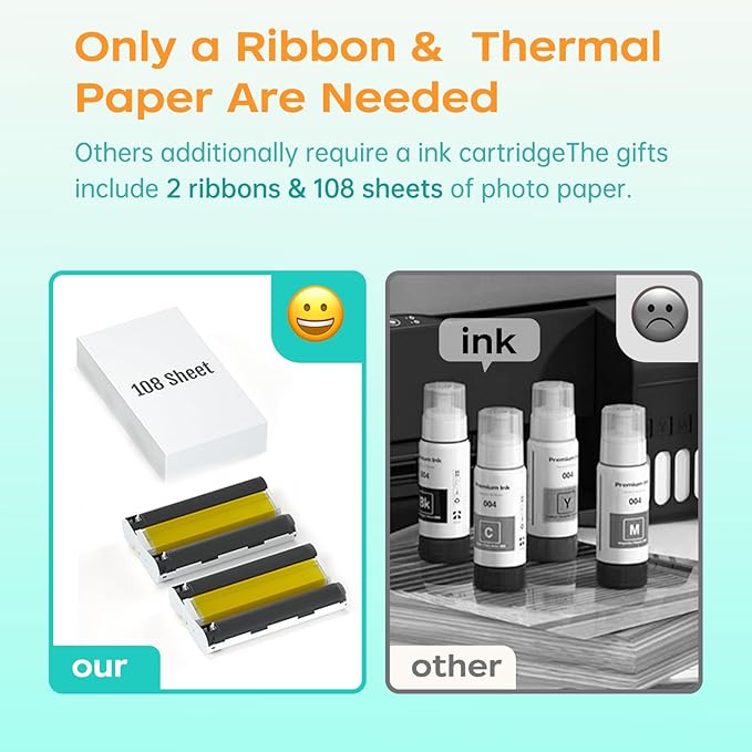 4x6 Photo Printer with 108 Sheets & 2 Ribbons - Dye Sublimation Wireless Portable Photo Printer for iPhone & Android Smartphones, Home & Travel Picture Printing, Ideal Gift, Beige