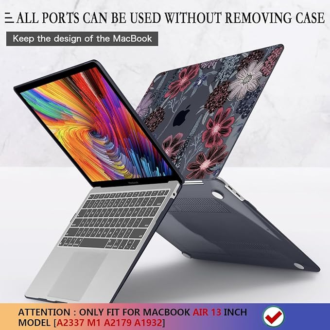 CISSOOK Case for MacBook Air 13 inch M1 Chip A2337 A2179 A1932 2021-2018 Release, Protective Black Shell with Keyboard Skin + Screen Protector for MacBook Air 13-inch with Touch ID, Texture Flowers