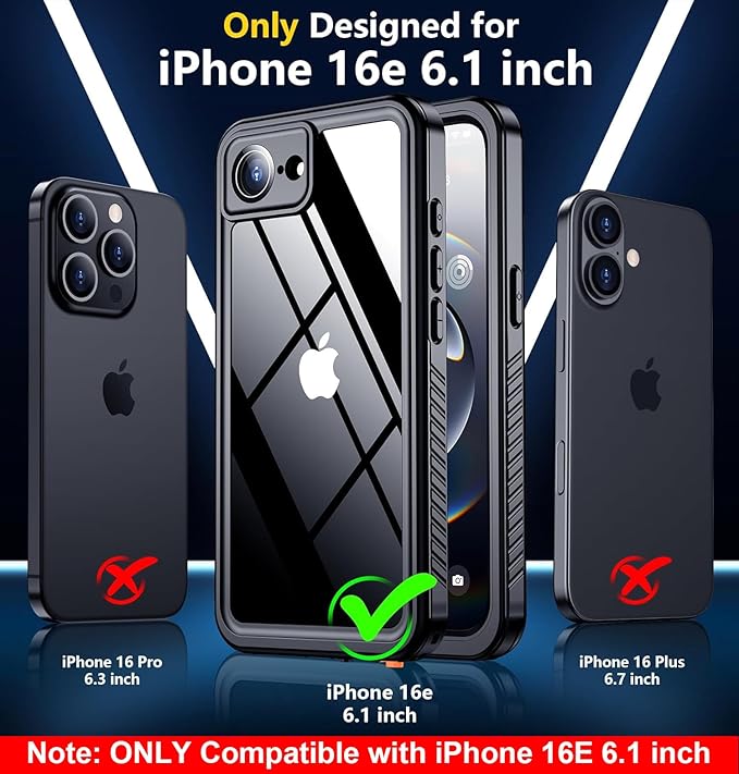 SPIDERCASE for iPhone 16e Case Waterproof,Built-in Screen & Camera Lens Protector[IP68 Underwater] Full Body Protection Phone Case for iPhone 16e 6.1'', Black/Clear