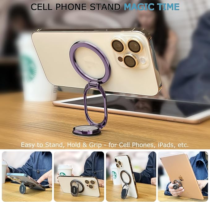 Magnetic Phone Ring Holder, Double Adjustable Phone Grip and Stand Compatible with MagSafe Ring Holder, Compatible with PopSockets MagSafe Ring Removable for iPhone & Android Phone, Purple