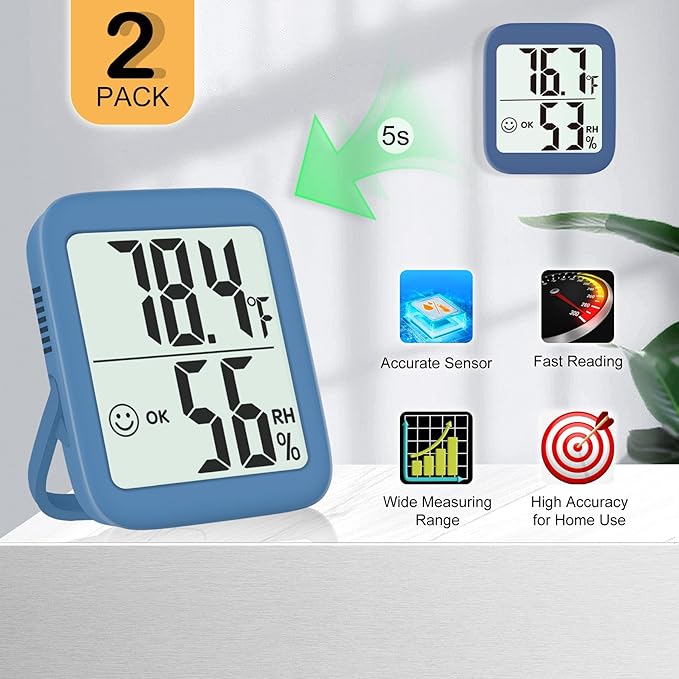 Antonki 2 Pack Room Thermometer for Home, Indoor Hygrometer Humidity Meter Gauge, Digital Temperature and Humidity Sensor Monitor for House, Terrarium, Incubator, Greenhouse - Battery Included