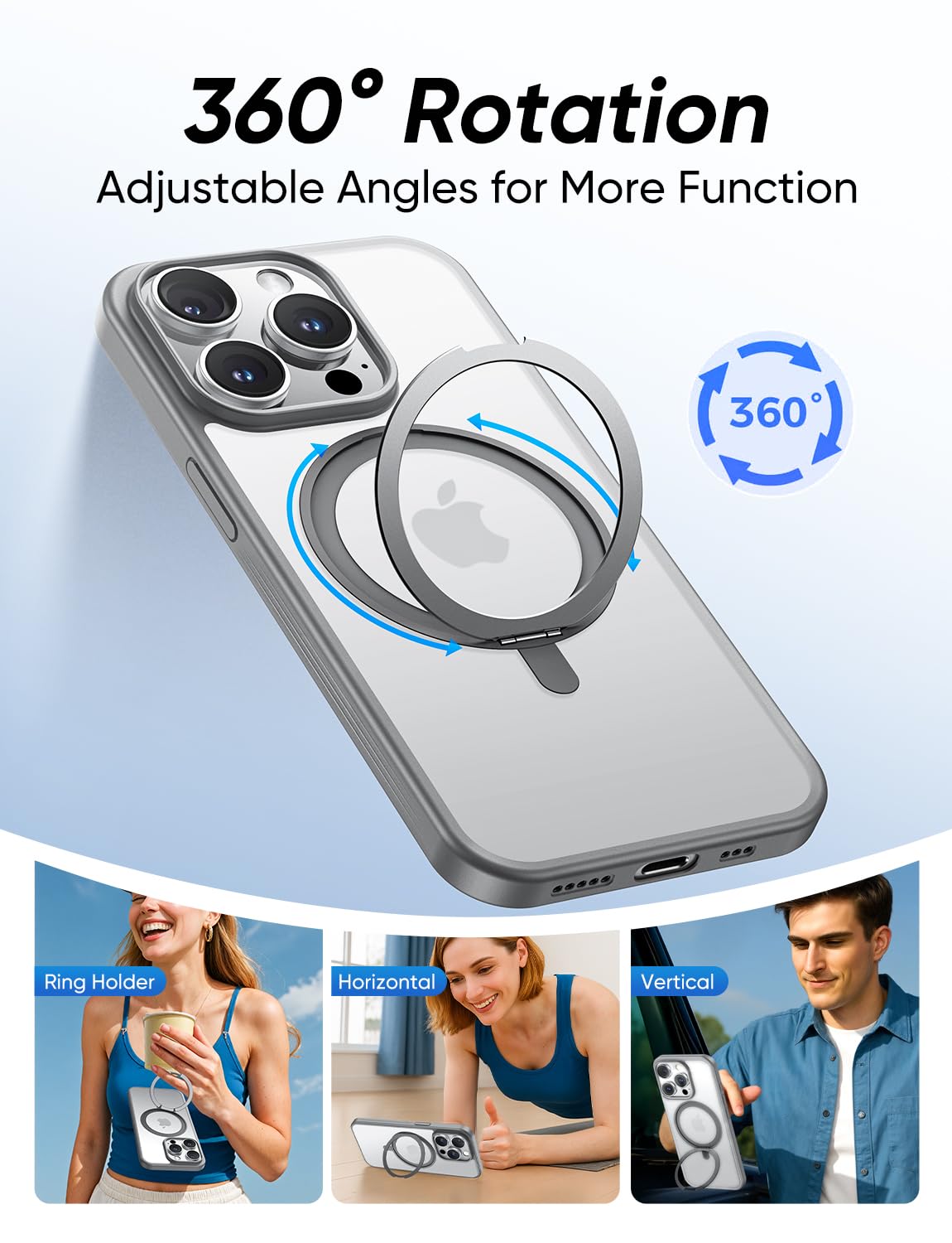 MAGIC JOHN 360° Rotatable Magnetic Invisible Stand for iPhone 14 Pro Case [Anti-Slip Grip] [Compatible with MagSafe] 16FT Shockproof for iPhone 14 Pro Case with Kickstand, Gray