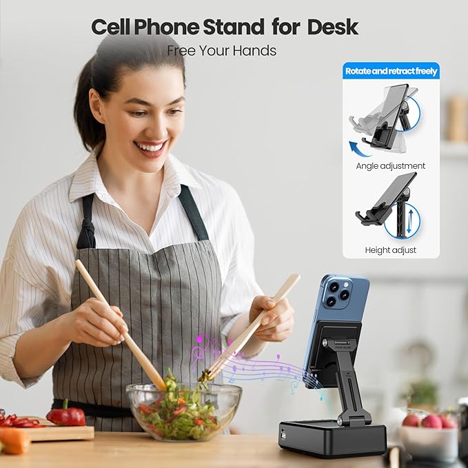 JTEMAN Cell Phone Stand with Bluetooth Speaker and Charging Function,Bluetooth Audio Power Bank Bracket,Birthday Gifts for Men Women,Kitchen Gadgets for Most Phones and Tablets-Black