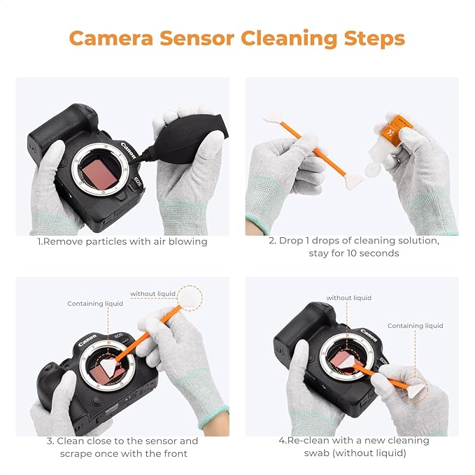 K&F Concept Full Frame Sensor Cleaning Kit, Mirrorless Camera Cleaner Kit - 20ml Sensor Cleaner, 10 X 24mm Double-Tipped Full Frame Sensor Cleaning Swabs & Gloves