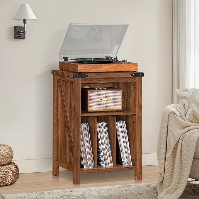 Record Player Stand with Vinyl Record Storage Holds up to 160 Albums,Large Wood Record Player Table Dispaly Shelf，Brown Turntable Stand Cabinet for Living Room,Bedroom,Office 7