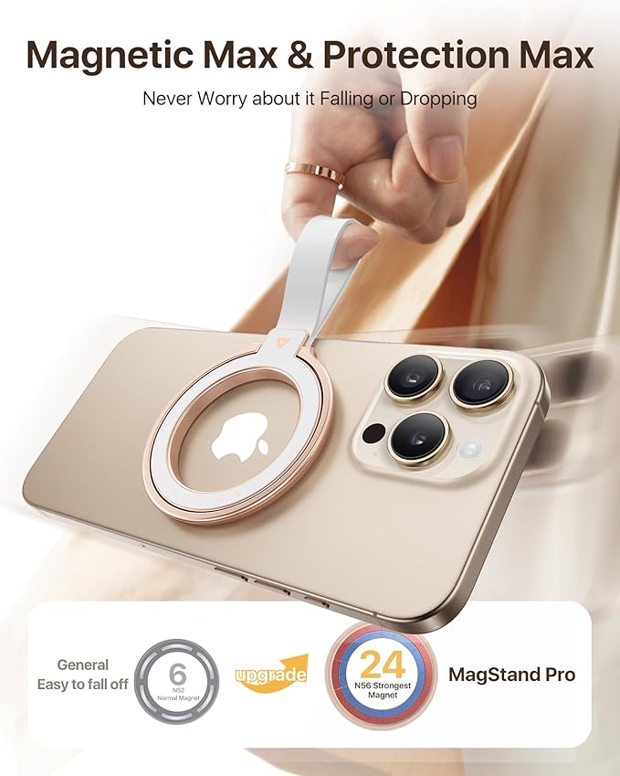 andobil [2025 Unrivaled Stability] Magnetic Phone Grip Holder for MagSafe Ring Stand Holder Kickstand Compatible with MagSafe Accessories for iPhone 16 Pro Max Plus iPhone15/14/13/12&Android,Rosegold
