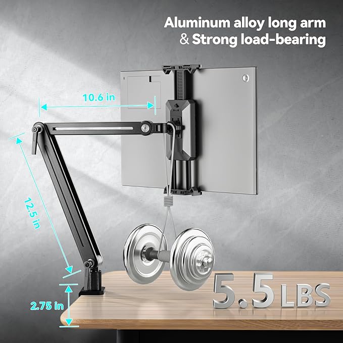 Portable Monitor Stand Desk Mount - Strong Bearing Weight Over 5.5lbs, Large Clamp Support up to 18.5 inch 360° Rotating Base Swivel Tall Desk Arm Holder for iPad Air/Pro/Mini