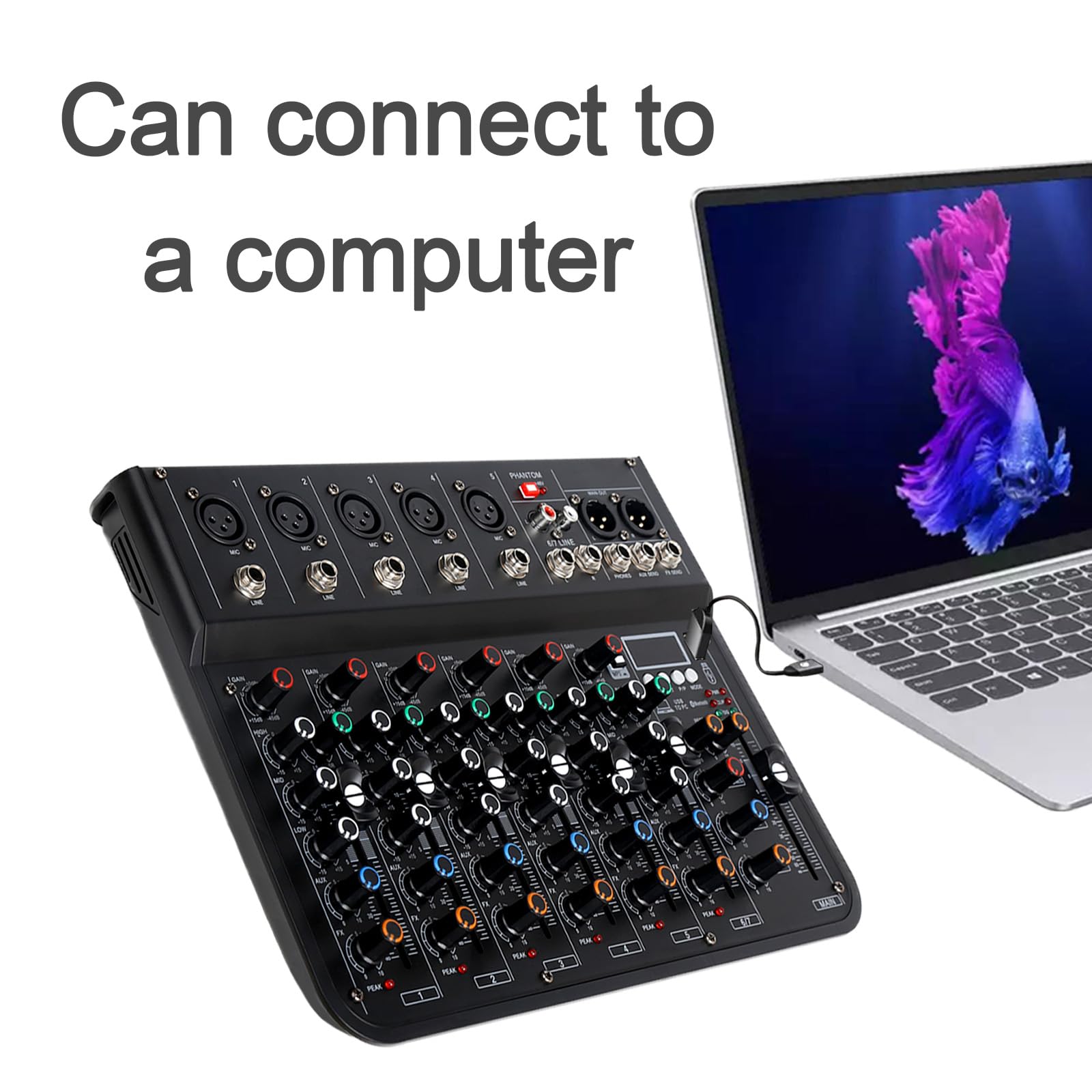 Jindaaudio 7 Channel mixer, DJ Mixer Board, Audio Sound Card with Interface Recording and 48V Phantom Power, Sounds Mixer Board with FX Reverb Delay Effect for Streaming