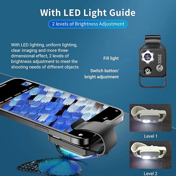 200X Phone Mini Pocket Microscope, Zoom Mobile Phone External Lens, Portable Digital Microscope Camera Attachments, with CPL Lens LED Light, Universal Clip Design (Black)