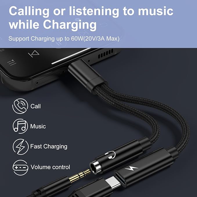 Samsung Galaxy S25 Headphone Adapter, 2 in 1 USB C to 3.5mm Aux Audio Jack with 60W Fast Charging Dongle Cable for Galaxy S25 S24 S23 Ultra A17 A56 A16 A15 A14 A54 iPhone 17 16 15 Pro Max Pixel 10 9 8
