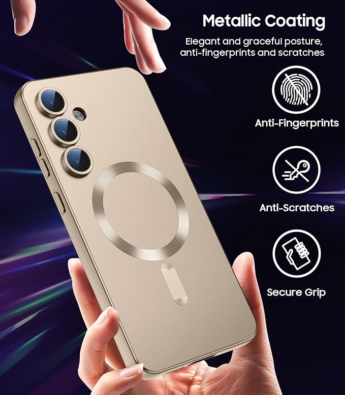 Magnetic for Samsung Galaxy S24 FE Case [Compatible with MagSafe][Built-in Camera Lens Protector] Slim Soft Silicone Bumper Shockproof Metallic Luster Phone Cover (Gold)