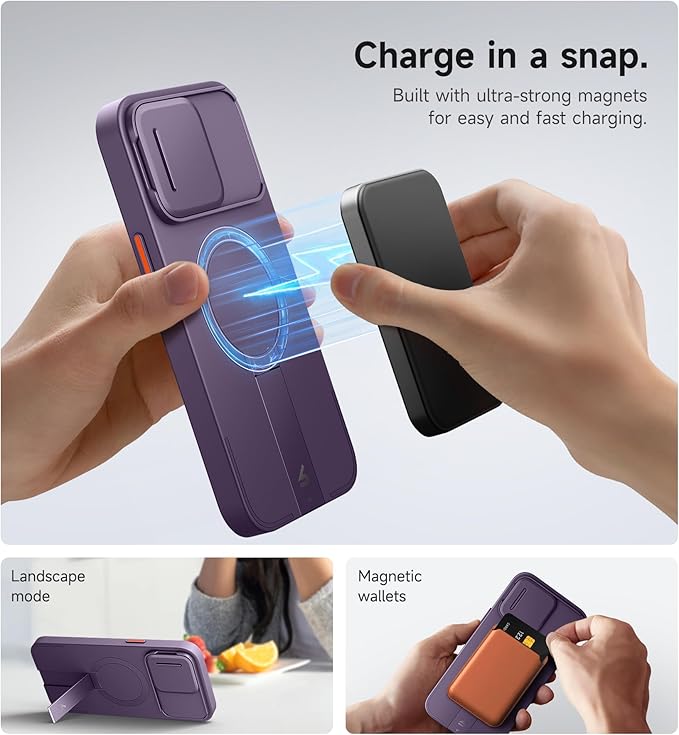 SURITCH for iPhone 14 Pro Max Case with Magnetic Camera Slide Cover and Adjustable Kickstand, Compatible with MagSafe, Shockproof Bumper Case Slim Protective Cover 6.7 Inch, Dark Purple