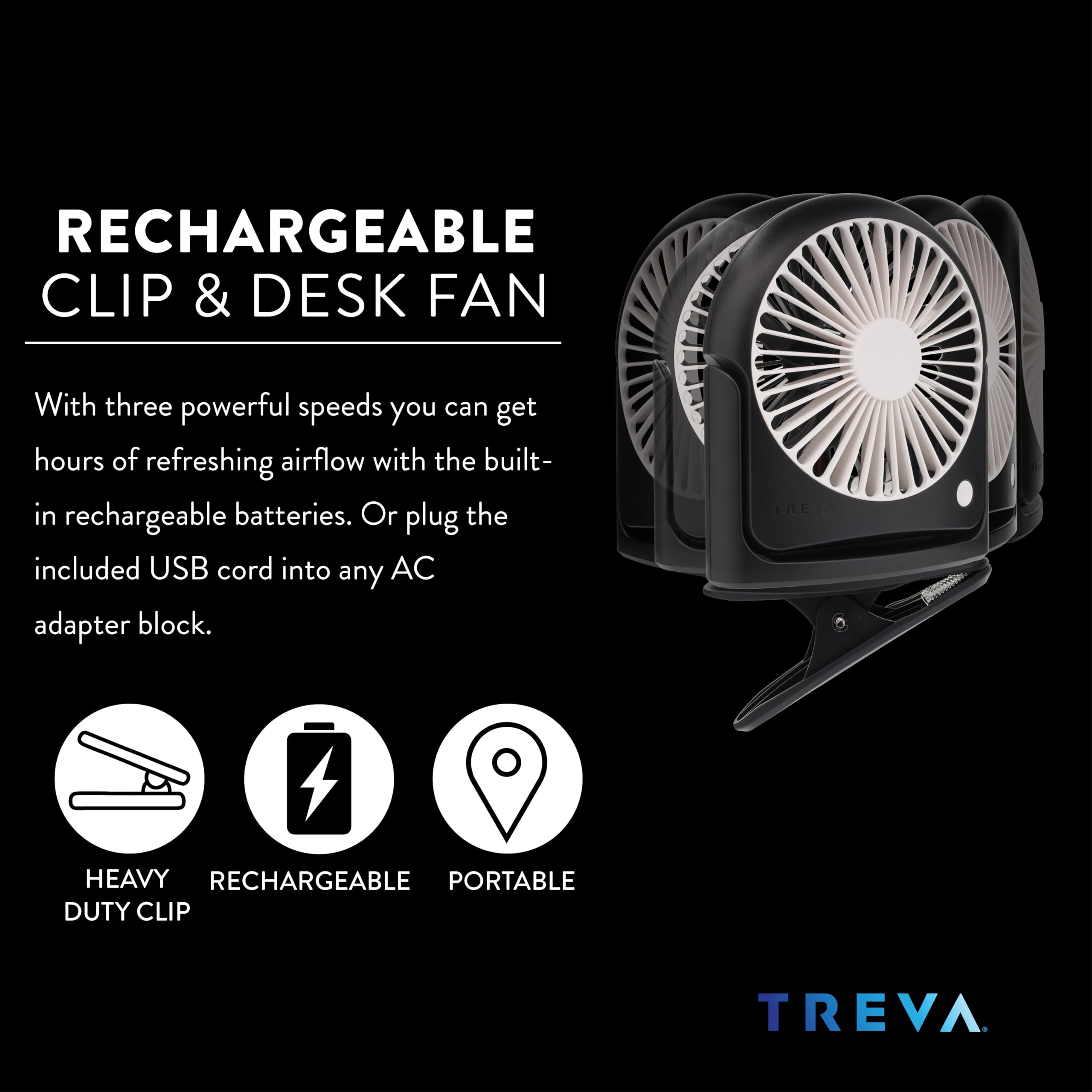 Treva 5 in Rechargeable 3-Speed Portable Cooling Fan with Removeable Clip