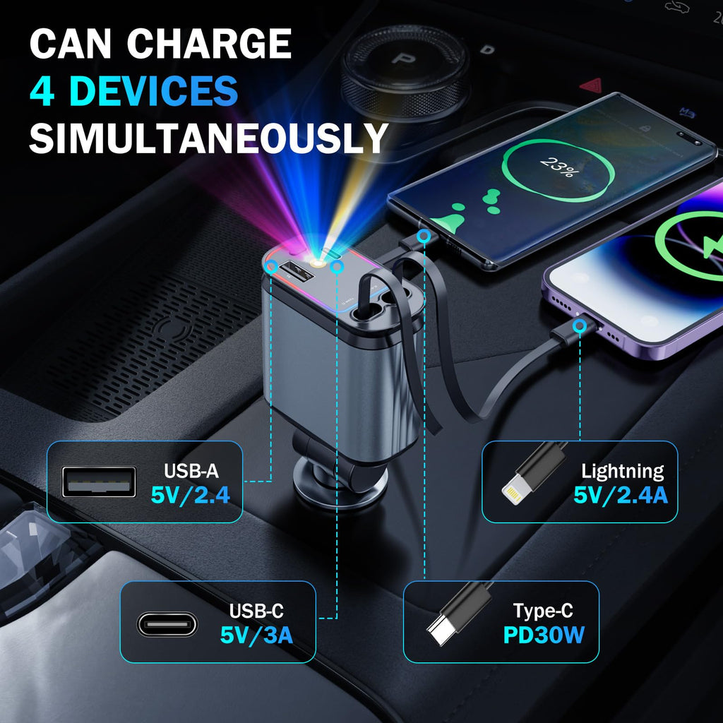 4 in 1 Retractable Car Chargers with Starlight, 66W USB C Fast Car Charger Adapter with 2 USB Ports Car Phone Chargers for All iPhone 16/15/14/13/12/11 and for All Android (Dark Grey - RedLight)