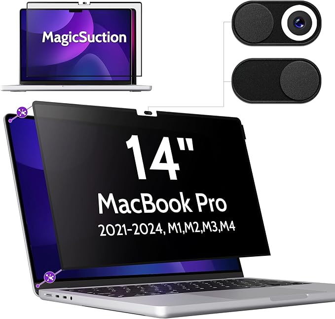 Privacy Screen for MacBook Pro 14 Inch (2021-2024, M1, M2, M3, M4), MagicSuction™ Removable Anti Spy Black Protector, Glare Blue Light Filter for Mac Laptop Computer