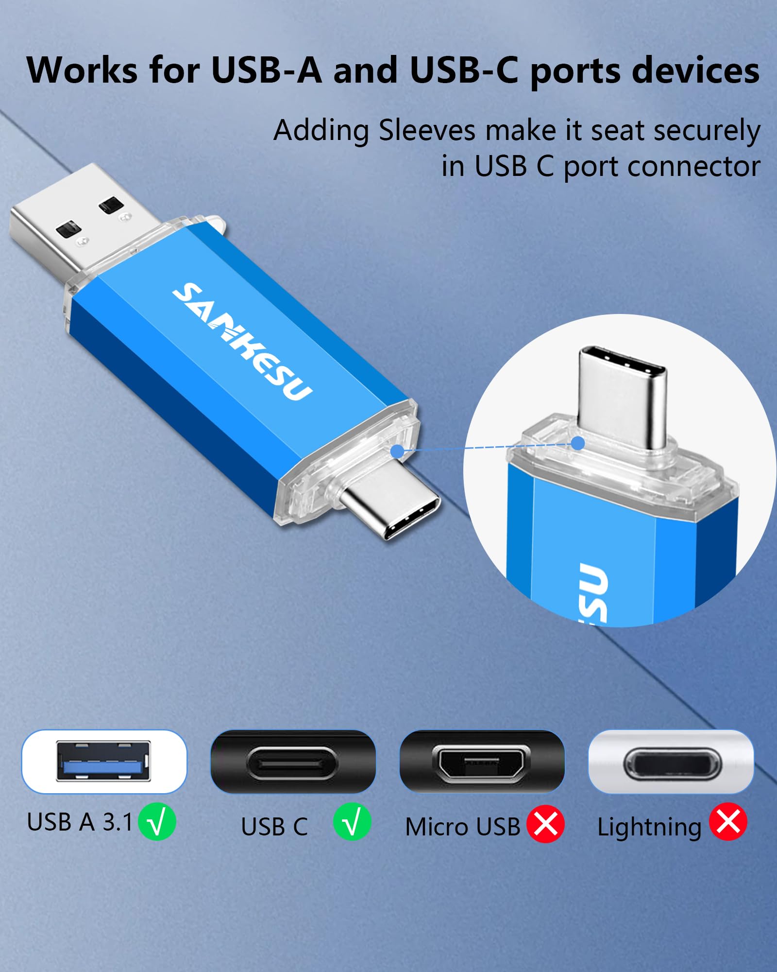 SANKESU 256GB USB C Flash Drive 2 in 1 Thumb Drive 3.0 USB-A & Type-C Dual OTG Photo Storage Memory Stick Compatible with Android Phone,PC, Laptop,Smartphone,Tablet(Blue)