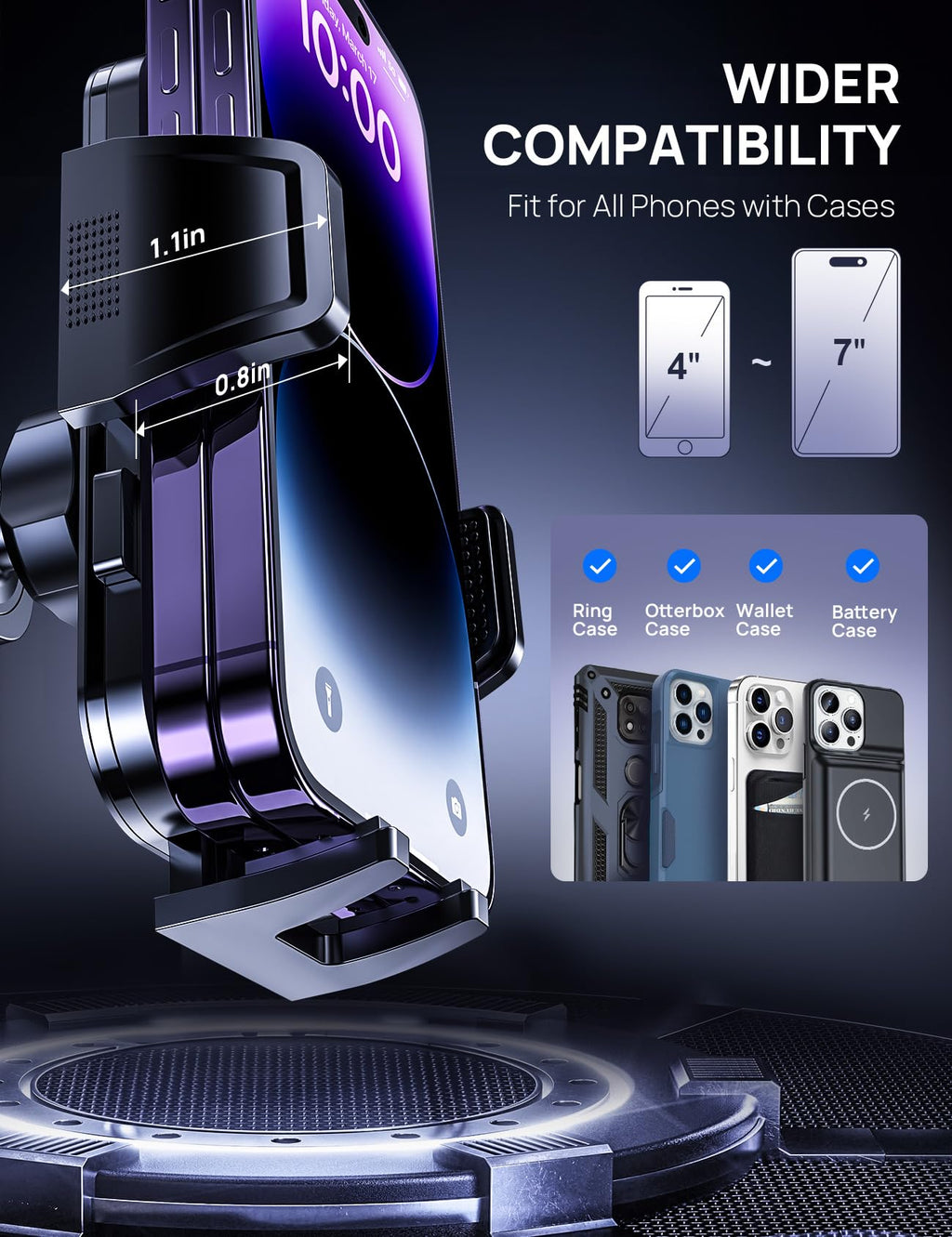 Air Vent Car Phone Holder, Adjustable Wide Clamp, Metal Hook, Anti-Shake