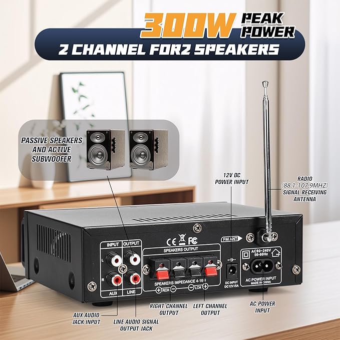 Stereo Audio Amplifier, 300W Home 2 Channel Wireless Bluetooth 5.0 Power Amplifier System, Home Amplifiers FM Radio, USB, SD Card, with Remote Control Home Theater Audio Stereo System
