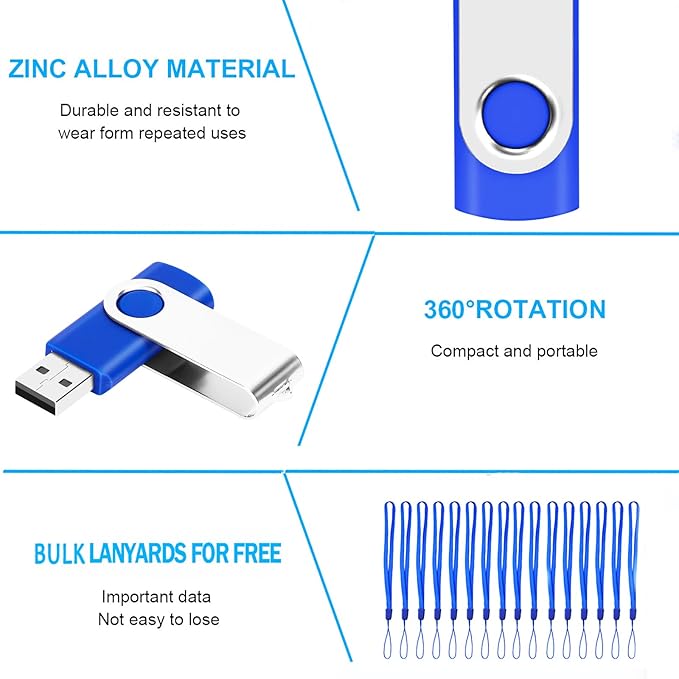 USB 1GB Bulk Flash Drives 20 Pack, EASTBULL USB 2.0 Swivel Thumb Drives Gig Flash Drives Pack Metal Memory Stick for Storage (Blue)