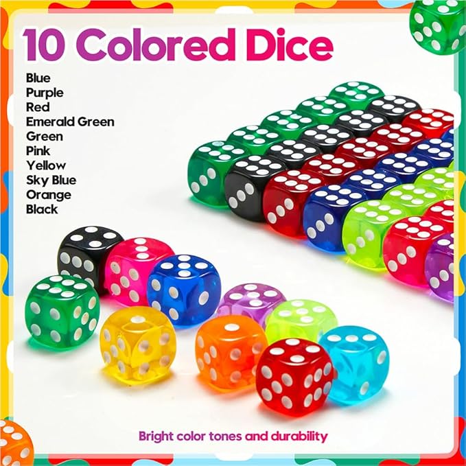 100 Pieces Colored Dice Set, Standard Bulk Colors Dices, Classroom Dice, Translucent 6 Sided Games Dice for Board Games, Parties, Classroom Math Games
