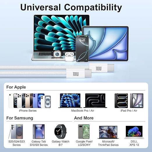 USB C Cable Fast Charging, 4 Pack 6FT USB C to USB C Cable, 100W Type C Nylon Braided Charger Cable for iPhone Air 17 16 15 Pro Max,Samsung S25/S24 Ultra,MacBook Pro/Air,iPad,Pixel,PS5,Switch