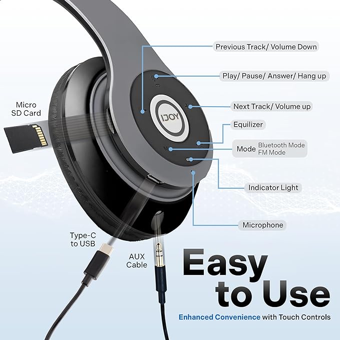 iJoy Bluetooth Headphones Over Ear, Wireless and Wired Foldable Headset Built-in Microphone, FM, Micro SD Card Slot - (Orange) Adults Kids Men Women