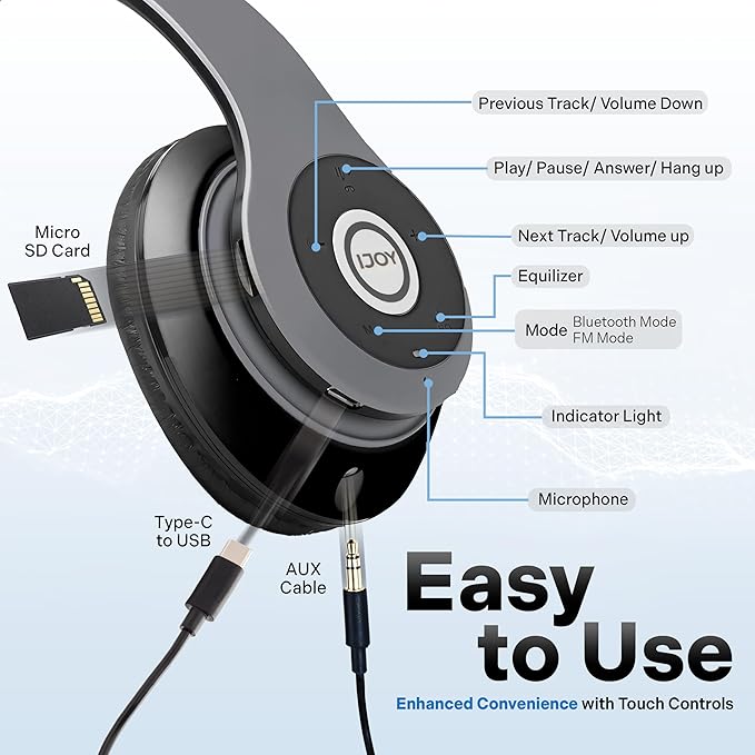 iJoy Bluetooth Headphones Over Ear, Wireless and Wired Foldable Headset Built-in Microphone, FM, Micro SD Card Slot - (Purple) Adults Kids Men Women