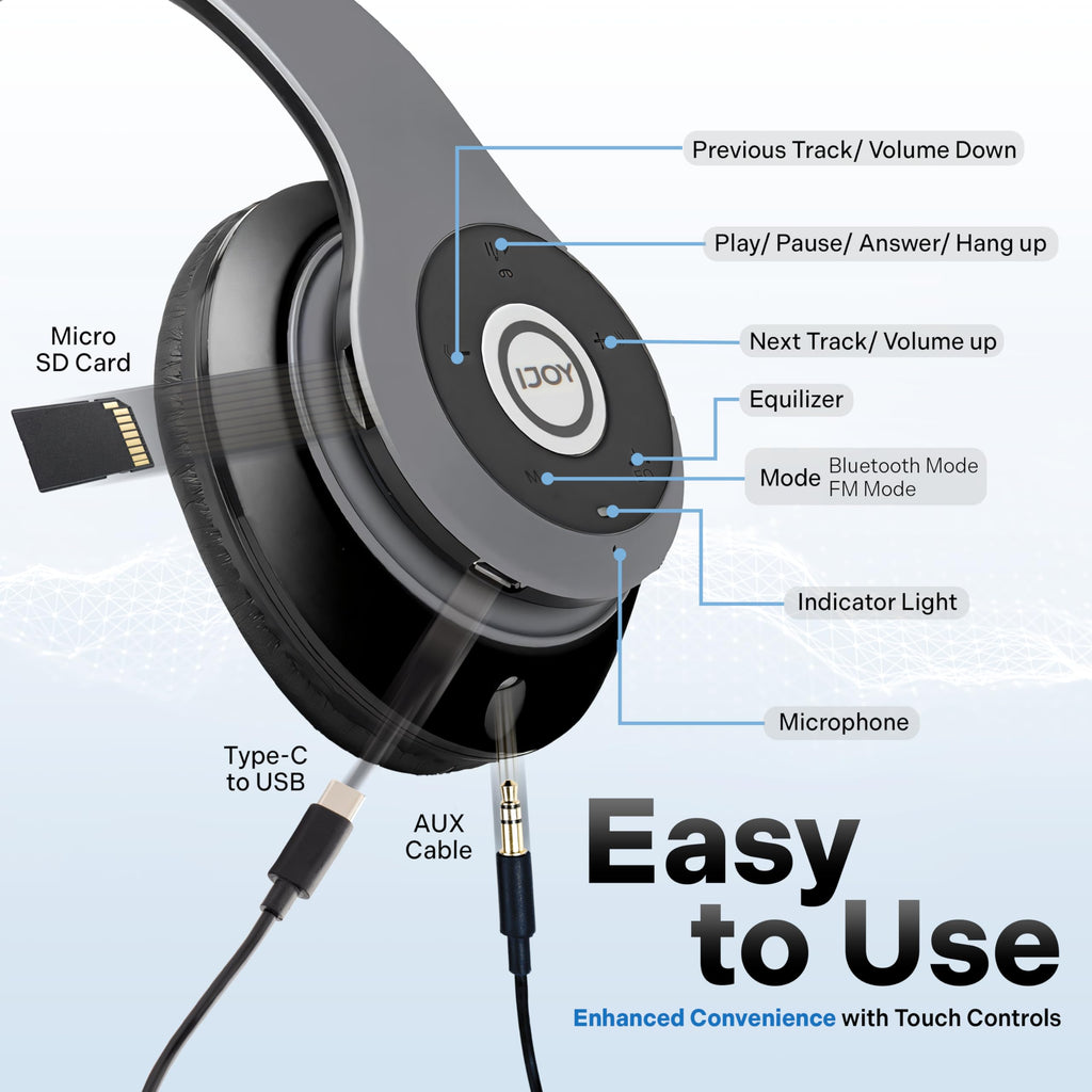 iJoy Bluetooth Headphones Over Ear, Wireless and Wired Foldable Headset Built-in Microphone, FM, Micro SD Card Slot - (Orange) Adults Kids Men Women