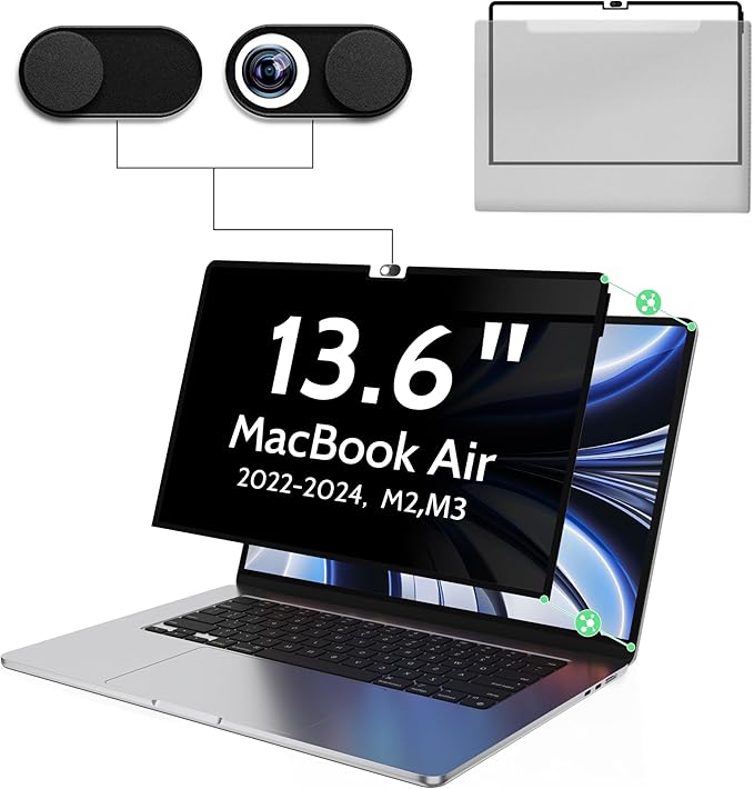 Privacy Screen for MacBook Air 13.6 Inch M2/M3/M4(2022-2025)--A3240/A3113/A2681, Anti Blue Light Glare Filter Removable Computer Protector, Bubble-Free Monitor Shield Black Laptop Film With Camera Cover