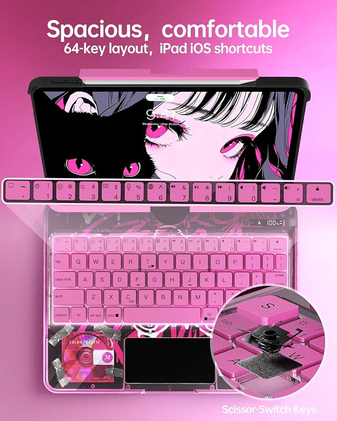 Intermerge Clear Keyboard Case for iPad Air 11" (M3/M2, 2025/2024), Air 5th/4th, Pro 11" 2022-2018, 360° Swivel Multi-Touch Trackpad, 7-Color Backlit, Pencil Holder, Type-C, Blush Pulse
