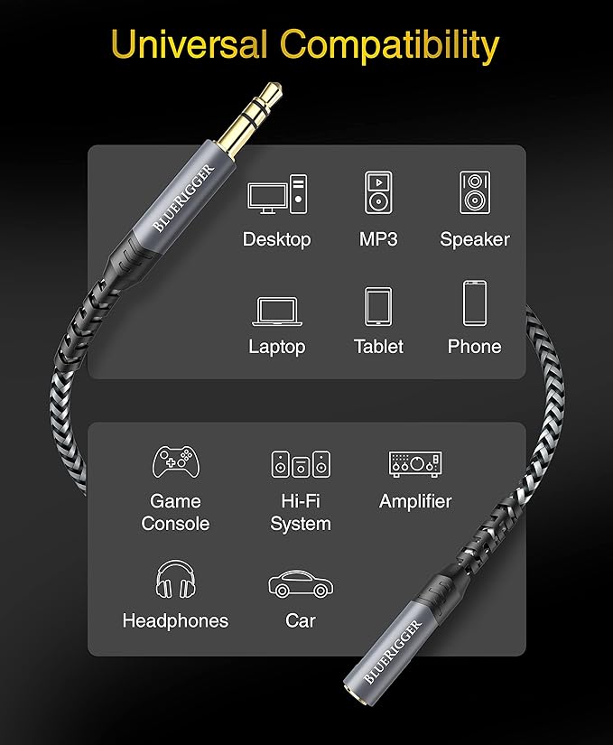 BlueRigger Headphone Extension Cable (20FT, 24K Gold Plated Jack, Hi-Fi Sound, 3.5mm Male to Female Stereo Audio Cable) – Aux Cord for iPod, Laptops, Smartphones, Speakers, Tablets, Home Car Stereo