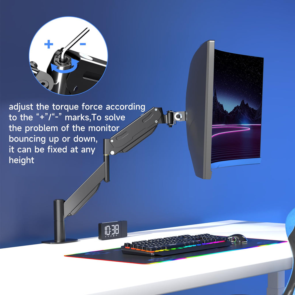 Pholiten Premium Aluminum Heavy Duty Monitor Arm, Ultrawide Monitor Mount with Clamp/Grommet Mounting Base, Adjuastable Gas Spring Arm for up to 43 inchs and 28.6lbs, Black