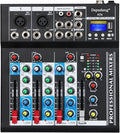 Depusheng HT4 Bluetooth Compatible Professional Portable Digital DJ Console w/USB 4 Channel Mixer Audio Interface-Mixing Boards For Studio Recording, Black