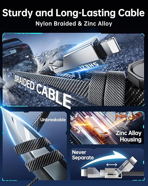 SHEZI [Upgraded 2.0] 4-in-1 USB C Cable 60W 5FT Compatible with Lightning Cable [Fast Charging & Data Transfer] Flat Braided Multi Charger Cord Combo with L/USB C/A Port for iPhone/iPad & All Devices