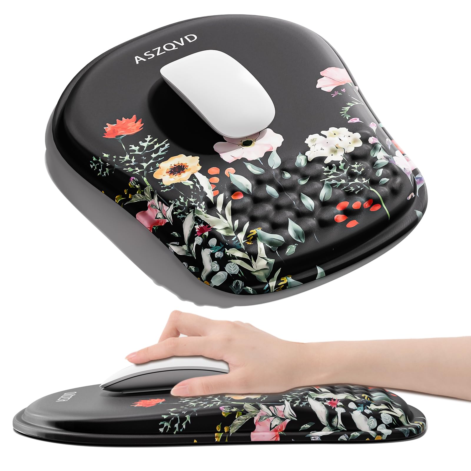 Aszqvd Mouse Pad with Wrist Rest, Ergonomic Mousepads with Wrist Support, Soft Lycra Fabric Memory Foam Office Desk Accessories for Comfort/Pain Relief/PC Gaming/Computer/Laptop (Black Flower)