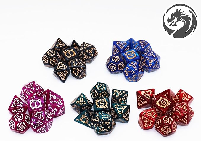 Polyhedral DND Dice Set, 5 Pack Vintage Dragon-Patterned Dice Sets Compatible with Dungeons and Dragons D&D RPG Games,35 Pieces (5 Colors with Black)