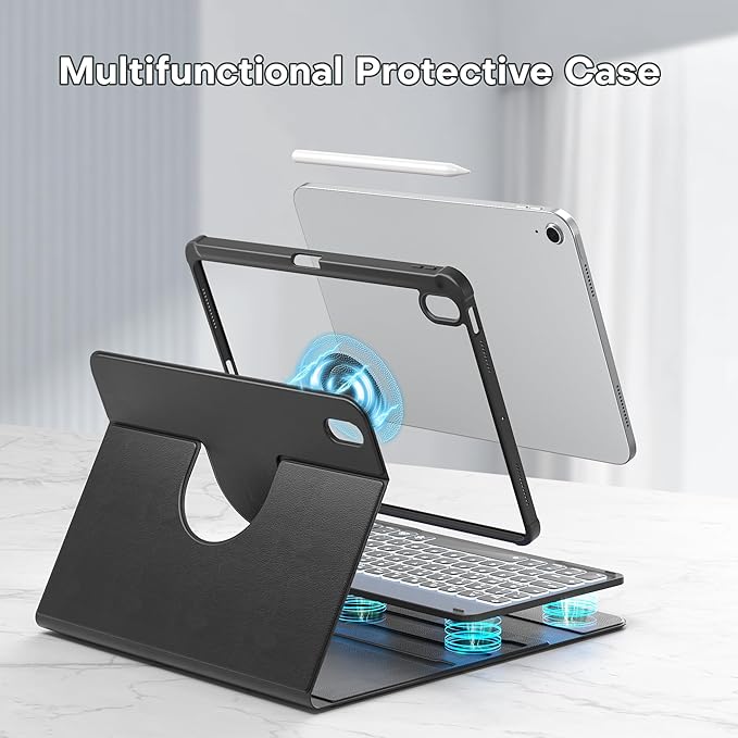 YBING for iPad A16 Case with Keyboard 11th &10th Generation, 360 Rotation Magnetic Cover with 7-Color Backlit Wireless Detachable Keypad with Pencil Holder for iPad 11th 2025/10 Gen 10.9" 2022 (Black)