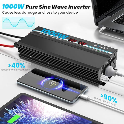 1000W Pure Sine Wave Inverter 12V DC to 120V AC Converter for Car, Truck, Home, Vehicles, Laptop, Car Inverter 12V to 110V with 2 AC Outlets, 2 USB Ports, LCD Display