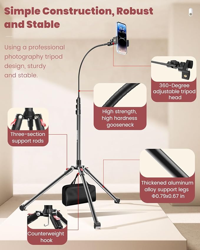 87" Phone Tripod, Overhead Flexible Tall Tripod Stand with Remote, Selfie Stick, Compatible with iPhone, 15.7" Gooseneck/Adjustable 360 Head, Gopro/Ring Light/Webcam/Video Recording/Vlogging