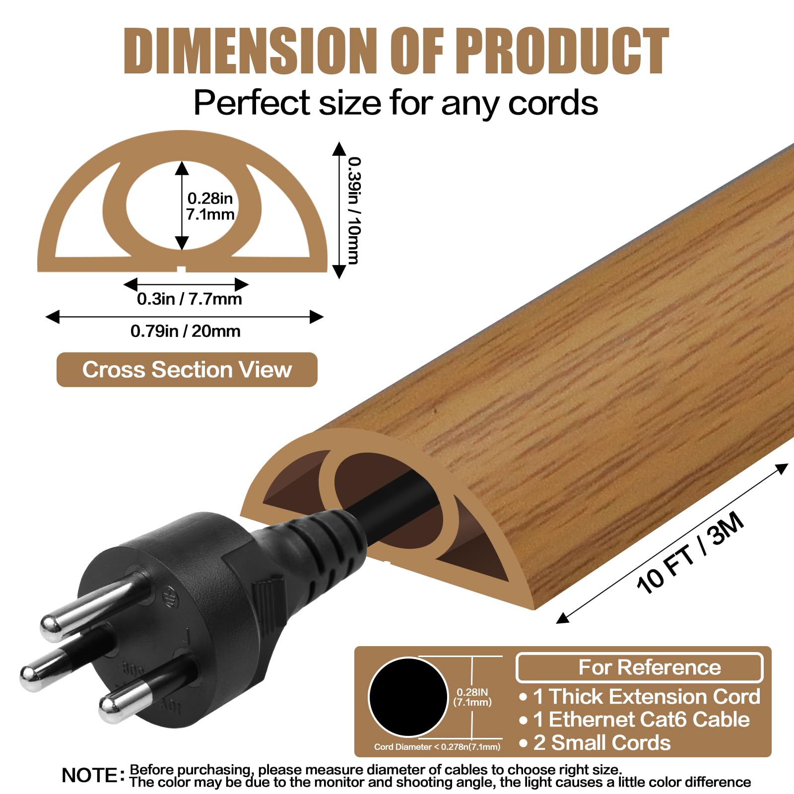 Floor Cord Cover Self Adhesive Cord Hider,10FT Cable Management, Extension Strip Protector for Wires, Prevent Cable Trips for Offices, Gyms, Exhibitions Cavity:0.3"(W) x 0.28"(H) Brown Wood