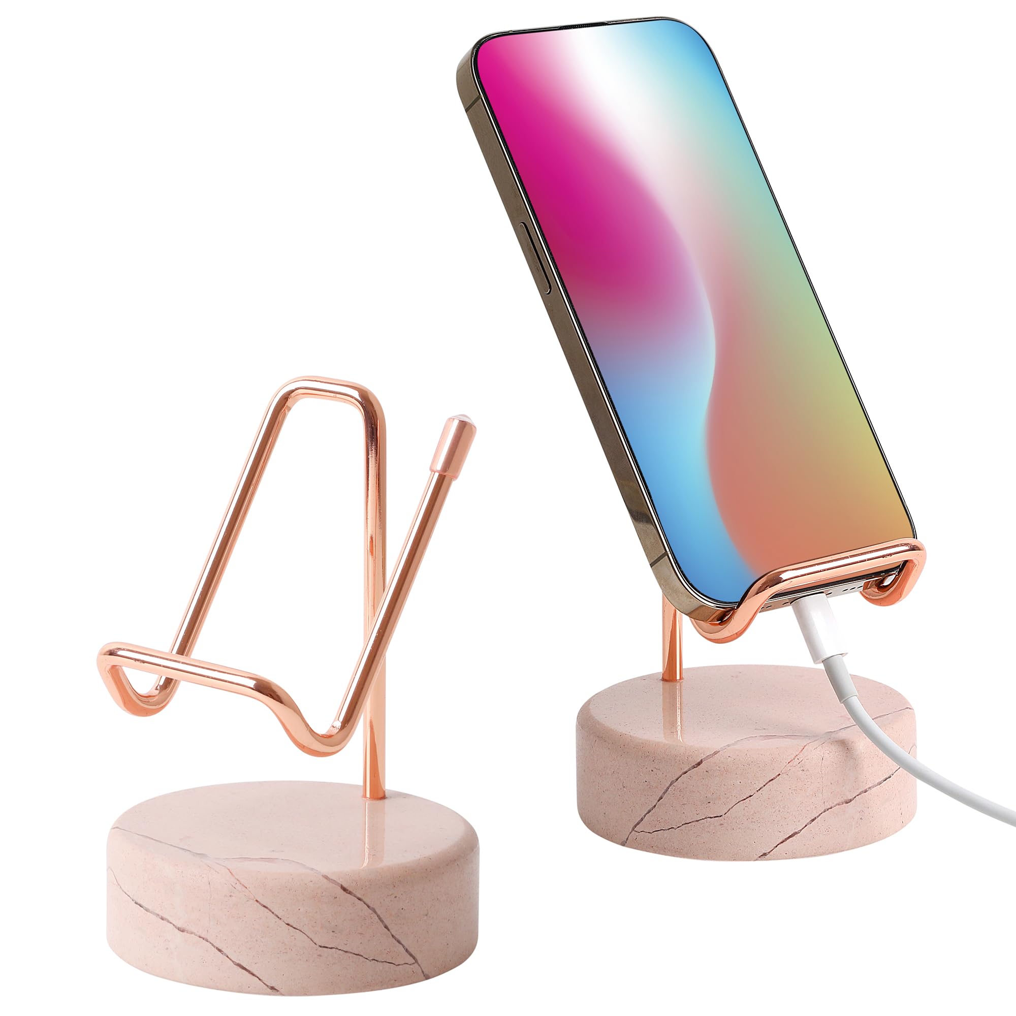 TransMarble Marble Phone Stand with Metal Holder, Charging Available While Using, Swipe Up to Unlock, Made of Natural Marble as Business Card Holder for Office Desk (Rose Pink + Rose Gold)