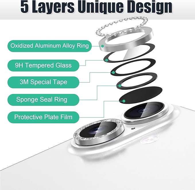AGVEE 3+3 6 Pack for iPhone 16 6.1" / 16 Plus 6.7" Camera Lens Cover Protector, Bling Diamond & Bling Glitter Metal Ring 9H Tempered HD Glass Camera Cover Protector Film, Bling-Silver