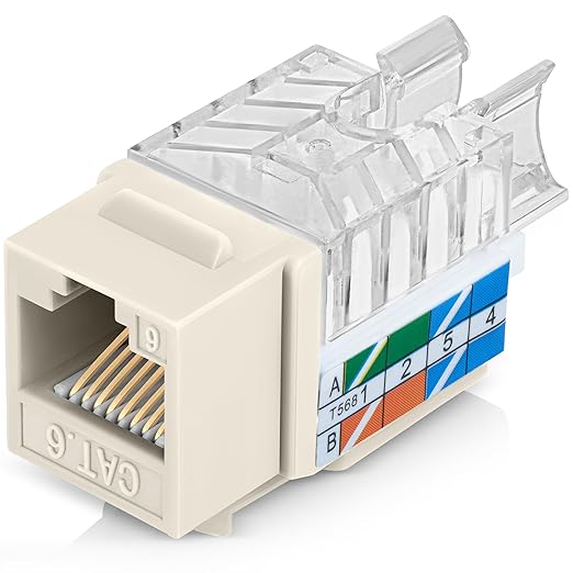 Everest 45° Angled RJ45 Cat6 Keystone Jacks 50-Pack in Light Almond - Slim Profile Female RJ45 Connectors - Cat 6 Keystone Jack - Compatible with 45° Angled Speed Termination Tool - 45Term