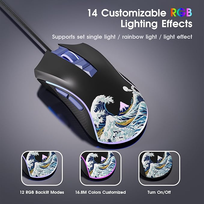 HITIME XVX Wired Gaming Mouse, 12000 DPI RGB Mouse with 12 Backlit Modes & 7 Macro Buttons, PC Gaming Mice Support DIY Keybinding, Gamer Computer Mice for Laptop PC Mac Windows, Kanagawa