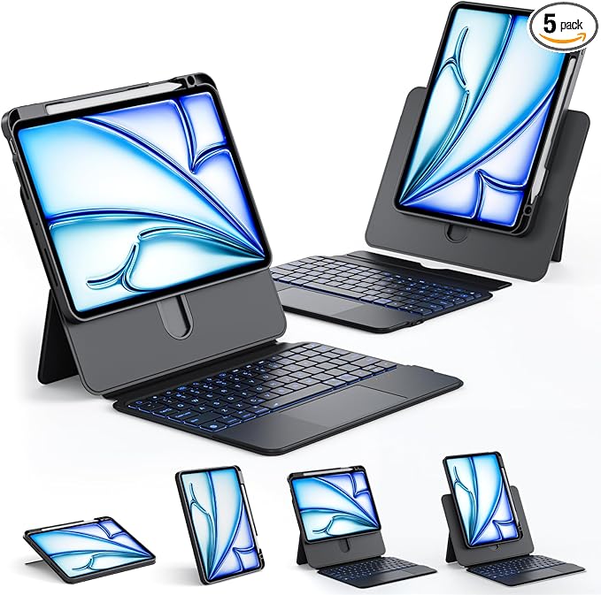 ONLY fit for 2024 M4 iPad Pro 11 inch Case with Keyboard Detachable Magic Keyboard Trackpad, 360 Rotating Cover with Pencil Holder Multi Angle Stand, 12 Shortcut Key, 7 Color Backlit, Black